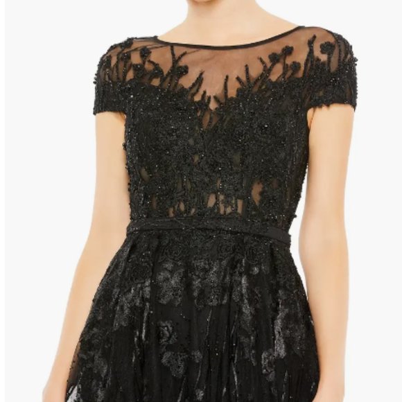 MAC DUGGAL EMBELLISHED FLORAL CAP SLEEVE A-LINE BLACK GOWN sz 16 - Picture 4 of 5